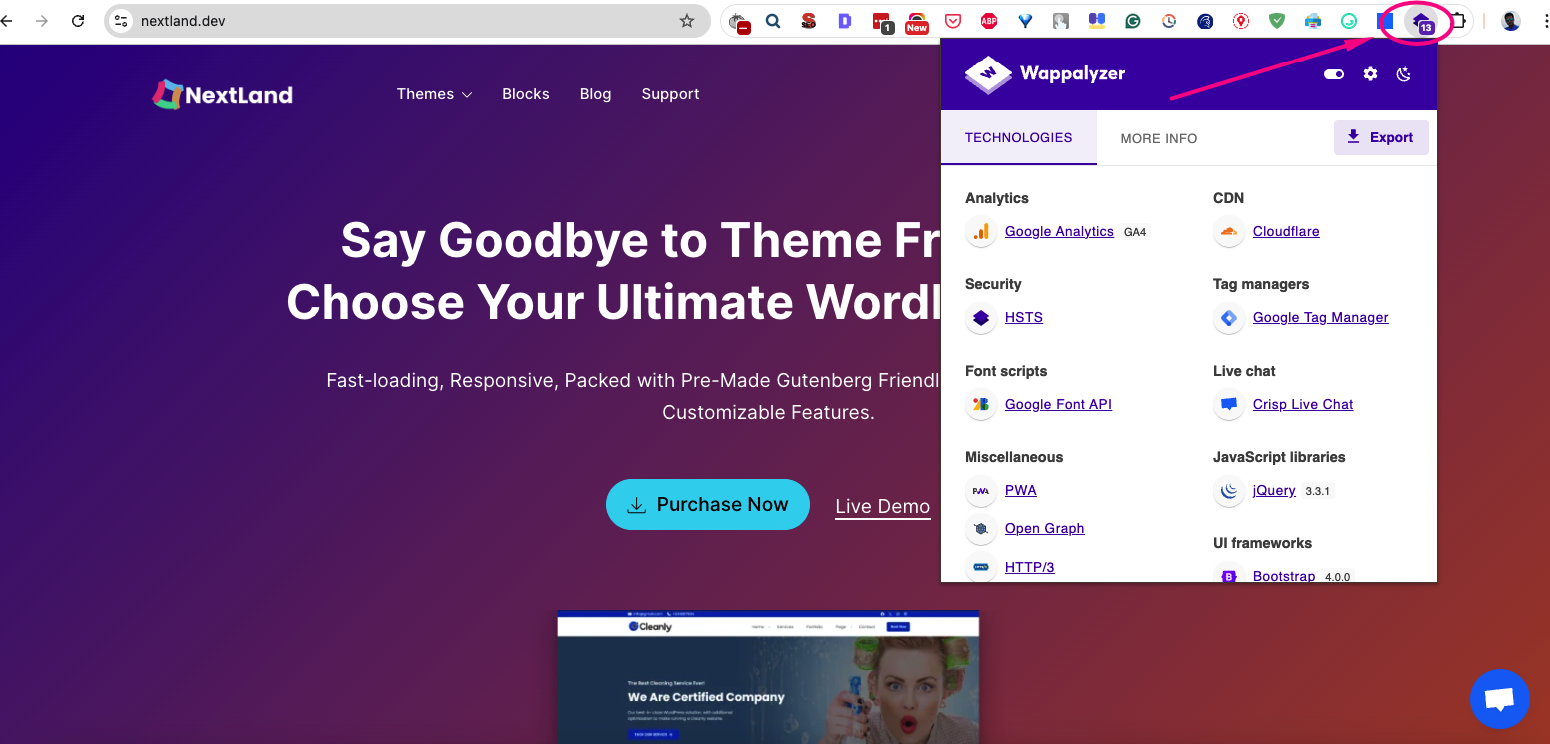 click on the wapplyzer on the chrome after installing. 