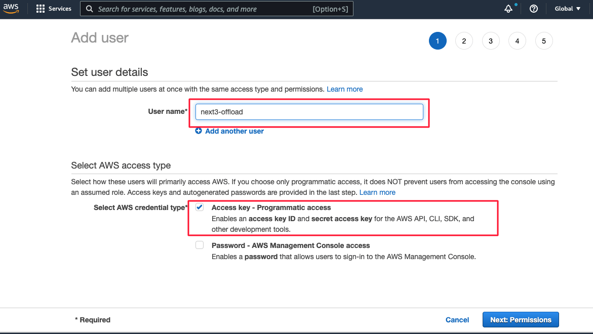 Access key - Programmatic access to enable AWS credentials